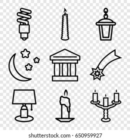 Light icons set. set of 9 light outline icons such as street lamp, moon and stars, candle, candlestick, fluorescent lamp, table lamp, falling star