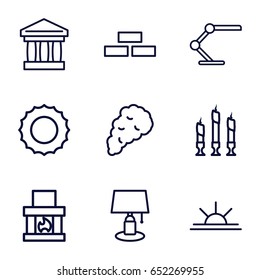 Light icons set. set of 9 light outline icons such as brick wall, sun rise, table lamp, candle, smoke, sun, bank