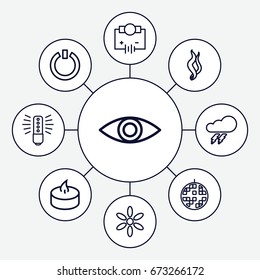 Light icons set. set of 9 light outline icons such as thunder, sun, candle, disco ball, eye, smoke, switch off, electricity