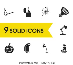 Light icons set with camera flash light, led light and floor lamp elements. Set of light icons and ignite concept. Editable vector elements for logo app UI design.