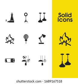 Light icons set with chinese lantern, lighthouse and pendant lights elements. Set of light icons and electric concept. Editable vector elements for logo app UI design.