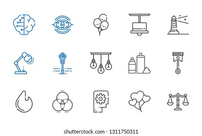 light icons set. Collection of light with balance, balloons, thinking, rgb, fire, automotive, foam, lamp, street lamp, lighthouse, nebula, brain. Editable and scalable light icons.