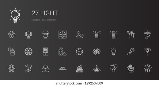 light icons set. Collection of light with balloons, feathers, fire, balance, rgb, bonfire, sun, idea, brainstorming, moon, foam, domotics, graphic design. Editable and scalable light icons.