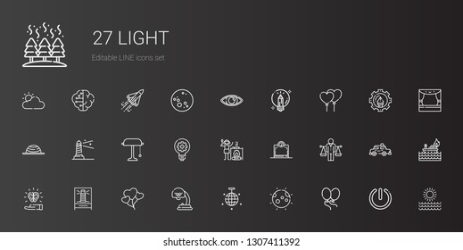 light icons set. Collection of light with balloons, moon, mirror ball, lamp, lighthouse, idea, balance, scale, campfire, desk lamp, creative. Editable and scalable light icons.