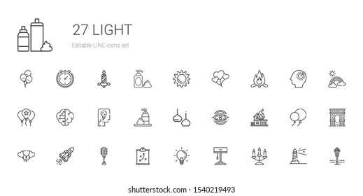 light icons set. Collection of light with candelabra, lamp, ideas, strategy, traffic light, space shuttle, balloons, fire, nebula, foam, thinking. Editable and scalable icons.