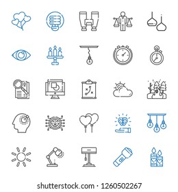 light icons set. Collection of light with candles, flashlight, lamp, sun, idea, balloons, brain, bulb, fire, cloudy, strategy, graphic design. Editable and scalable light icons.
