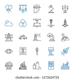 light icons set. Collection of light with fire, domotics, foam, space shuttle, lamp, torch, lighthouse, eye, rainbow, taxi, electric tower. Editable and scalable light icons.