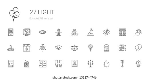 light icons set. Collection of light with fire, candelabra, lighthouse, binoculars, voltmeter, candles, arcade, brain, idea, scale, balloons. Editable and scalable light icons.