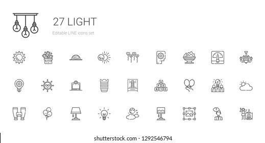light icons set. Collection of light with graphic design, lamp, moon, idea, balloons, binoculars, bricks, lighthouse, camera lens, scale, sun. Editable and scalable light icons.