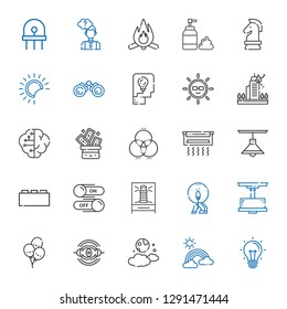 light icons set. Collection of light with idea, rainbow, moon, nebula, balloons, lamp, match, lighthouse, switch, bricks, air conditioner, rgb. Editable and scalable light icons.