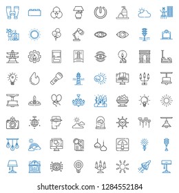 light icons set. Collection of light with lamp, space shuttle, sun, candelabra, idea, brain, night club, traffic light, voltmeter, observe. Editable and scalable light icons.