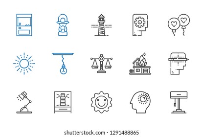 light icons set. Collection of light with lamp, bulb, sun, lighthouse, desk lamp, creative, fire, scale, balloon, thinking, lantern, arcade. Editable and scalable light icons.