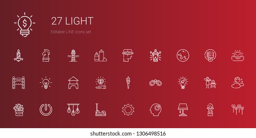 light icons set. Collection of light with lamp, bulb, sun, bumper, power, trick, idea, binoculars, torch, bricks, entrance, moon, oil lamp. Editable and scalable light icons.