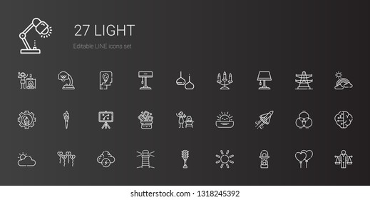 light icons set. Collection of light with lantern, sun, traffic light, lighthouse, brainstorm, balloons, cloudy, space shuttle, sunset, fire. Editable and scalable icons.
