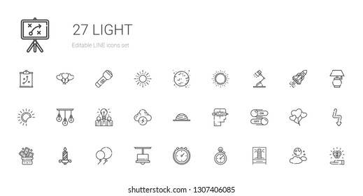 light icons set. Collection of light with lighthouse, stopclock, lamp, balloons, candle, trick, switch, creative, balance, brainstorm, idea. Editable and scalable light icons.