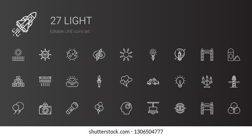 light icons set. Collection of light with nebula, lamp, bulb, balloons, flashlight, photography, idea, taxi, torch, sunset, air conditioner. Editable and scalable light icons.