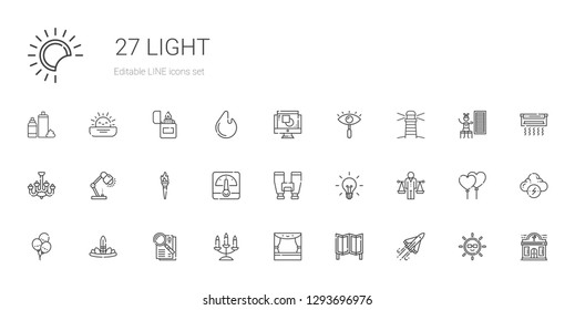light icons set. Collection of light with space shuttle, room divider, stage, candelabra, observe, feathers, balloons, balance, idea, binoculars. Editable and scalable light icons.