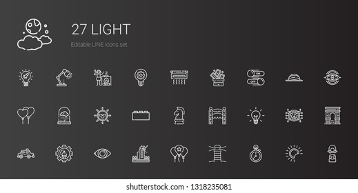 light icons set. Collection of light with stopclock, lighthouse, balloon, fire, eye, graphic design, taxi, idea, entrance, strategy, bricks. Editable and scalable light icons.