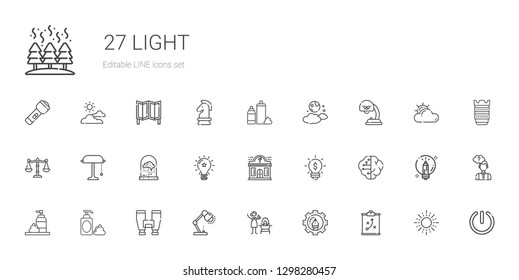 light icons set. Collection of light with strategy, graphic design, fire, lamp, binoculars, foam, brain, idea, night club, desk lamp, balance. Editable and scalable light icons.