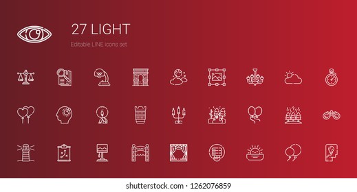light icons set. Collection of light with sunset, light bulb, stage, entrance, lamp, strategy, lighthouse, balloons, fire, candelabra, camera lens. Editable and scalable light icons.