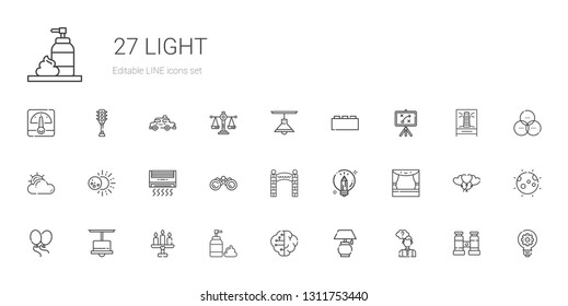 light icons set. Collection of light with thinking, lamp, brain, foam, candle, balloons, stage, creative, entrance, binoculars, air conditioner. Editable and scalable light icons.