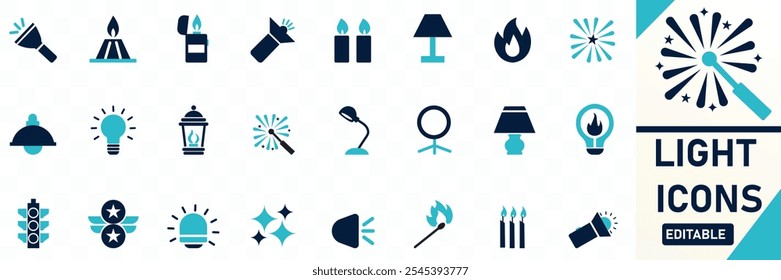 Conjunto de iconos de luz que contiene bombilla, lámpara, linterna, led colección de iconos de Vector plano sólido.