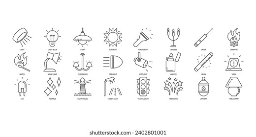 Light icons set. Set of editable stroke icons.Vector set of Light