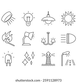 Light icons set. Set of editable stroke icons.Set of Light