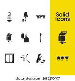 Light icons set with lighter, lantern, magic wand elements. Set of light icons and gas lamp concept. Editable vector elements for logo app UI design.