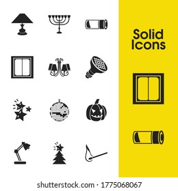 Light icons set with menorah, led light and low battery elements. Set of light icons and accumulator concept. Editable vector elements for logo app UI design.