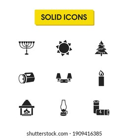 Light icons set with sunlight, kerosene lamp and double wall lamp elements. Set of light icons and sunshine concept. Editable vector elements for logo app UI design.
