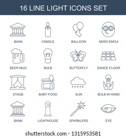 light icons. Trendy 16 light icons. Contain icons such as bank, candle, balloon, nerd emoji, beer mug, bulb, butterfly, dance floor, stage, baby food. light icon for web and mobile.