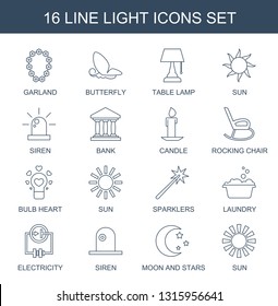 light icons. Trendy 16 light icons. Contain icons such as garland, butterfly, table lamp, sun, siren, bank, candle, rocking chair, bulb heart, sparklers. light icon for web and mobile.