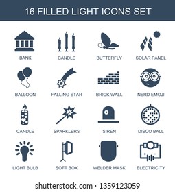 light icons. Trendy 16 light icons. Contain icons such as bank, candle, butterfly, solar panel, balloon, falling star, brick wall, nerd emoji, sparklers. light icon for web and mobile.