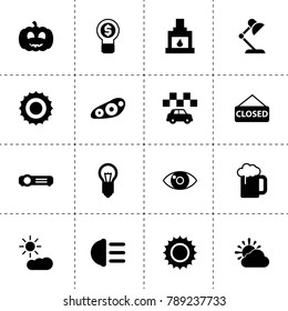 Light icons. vector collection filled light icons. includes symbols such as sun, taxi, eye, table lamp, fireplace, bulb, pumpkin, projector. use for web, mobile and ui design.