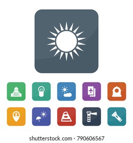 Light icons. vector collection filled light icons such as ticket, siren, bulb, back car light, user location, sun, sun cloud, beach umbrella, lighthouse, bank