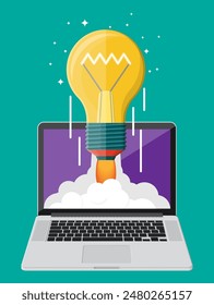 Lampe mit Ideenlampe, die vom Laptop-Bildschirm ins All startet. Startup, Idee, Kreativität, Innovation. Crowdfunding, Gründung oder neues Geschäftsmodell. Vektorillustration im flachen Stil