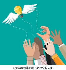 Light idea bulb with wings flying away from businessman hands. Concept of creative idea or inspiration. Flying glass bulb with spiral in flat style. Vector illustration