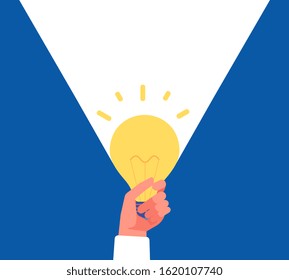 Light of idea. Hand holding lightbulb. Finding solution or brainstorm, ideas or FAQ vector concept