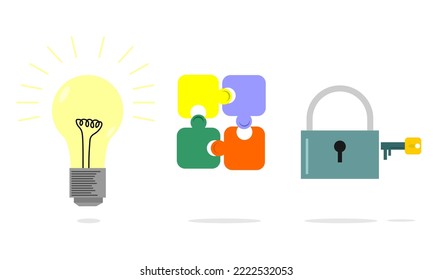 light idea, padlock and puzzle icon team processes brainstorming on idea development cartoon style vector. 