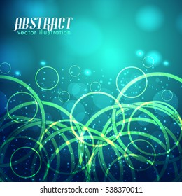 Light illuminated abstract template with green glowing neon rings on blurred background vector illustration