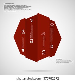 Light illustration infographic template with motif of octagon vertically divided to four the same size red parts which contain unique number, simple sign and space for customer's text.
