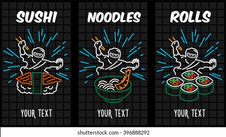 Light image for Asian cuisine bar. Sushi, rolls, noodles in the form of neon signs.