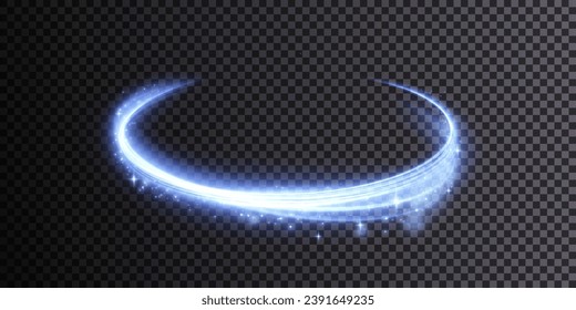 Imitación ligera del movimiento de línea. Resumen de líneas de luz azul vectorial girando en espiral. Marca de luz del anillo. Podio iluminado para productos publicitarios.	