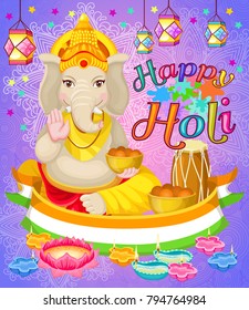 Light Indian Holi Holiday poster with Ganesha God national flag drums diya lotus flower lanterns vector illustration