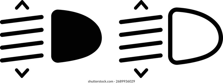 Indicador de luz painel ícone conjunto plano, estilos de contorno com símbolos de carro automotivo, sinais de farol, luz de nevoeiro, luz automática, interface do painel vetores ilustração desenhos de silhueta preta.