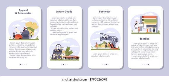 Light industries sector of the economy mobile application banner set. Textile, apparel, footwear and luxury goods production. Consumer goods industry. Isolated flat vector illustration