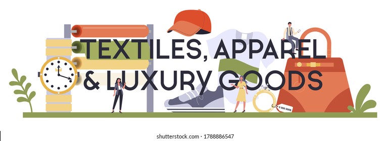 Light industries sector of the economy typographic header. Textile, apparel, footwear and luxury goods production. Consumer goods industry. Isolated flat vector illustration