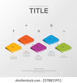 Light infographic displays a 3D layout with five colorful steps in orange, yellow, purple, blue, and green. Each step features icons and text for presenting information clearly.