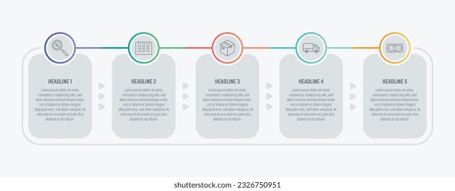 Leichte Infografiken mit wiederkehrendem Prozess. Fünf Stufen und bunte Elemente. Dünne Vektorsymbole. Datendiagramme für Flussdiagramme, Präsentationen und Benutzeroberflächen